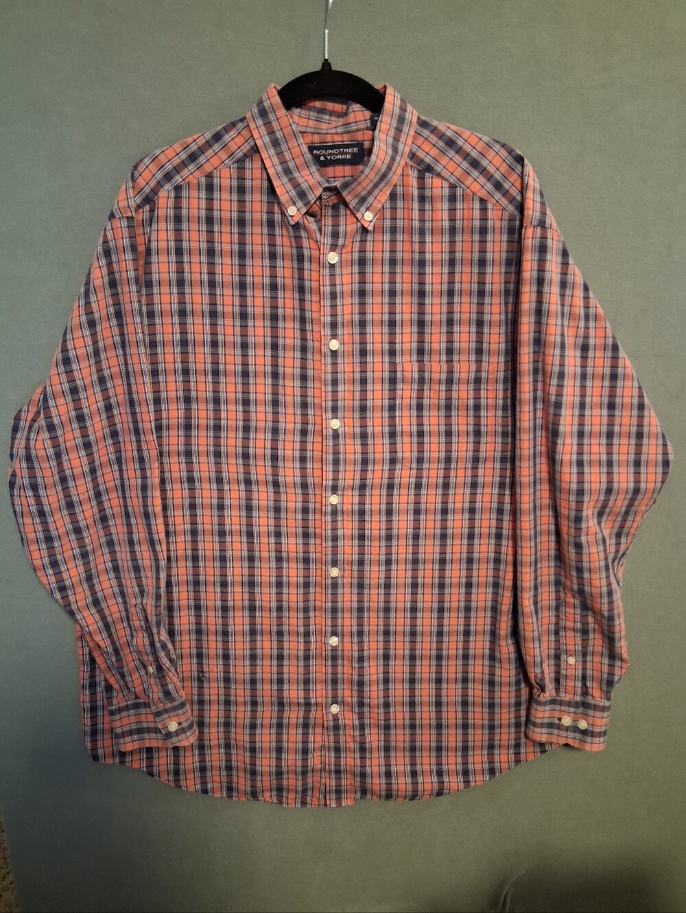 Men's Roundtree & Yorke Coral and Navy Plaid Button-Down Shirt Size XLT